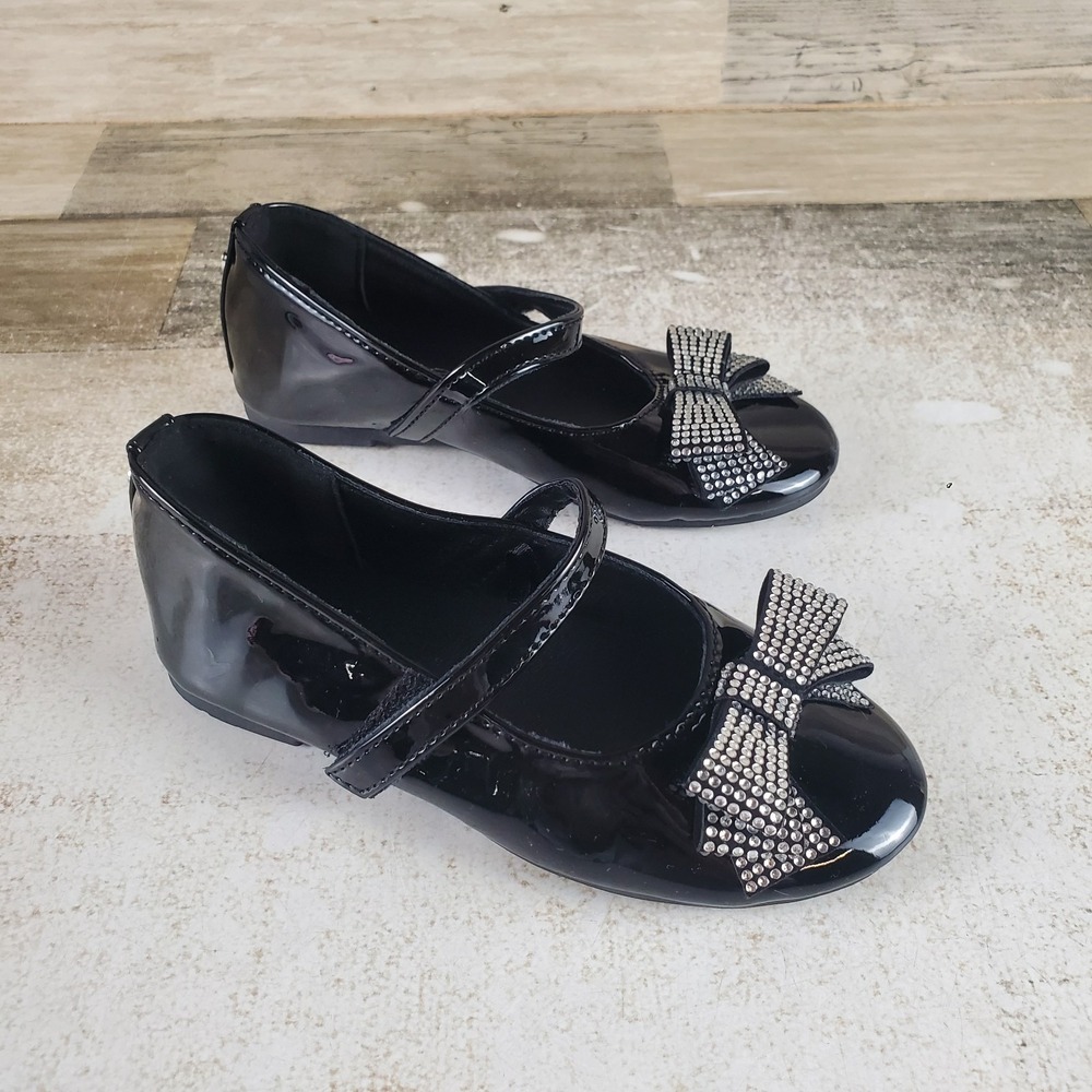 bebe Gina Gabby Lil Kids Mary Jane Flats Sz 6 Black Leather Embellished Bow